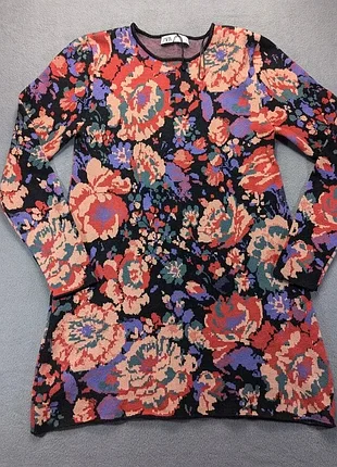 Zara в'язана сукня міні жакард чорна квіти l сукня-светр трикотаж
