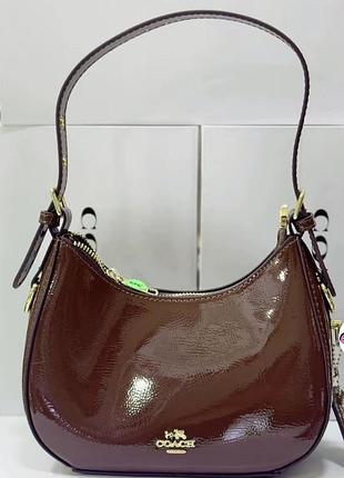 Жіноча лакова сумка-багет coach, сумка коач лакова коричневий