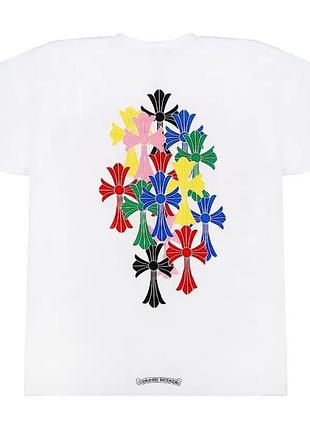 Белая футболка chrome hearts с цветными крестами и вышивкой на груди женская свободная хлопковая стильная