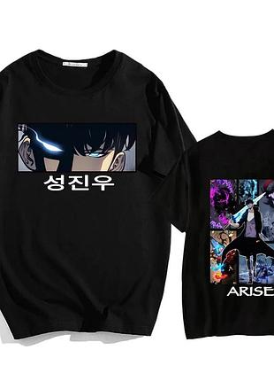 Футболка классическая с аниме принтом "sung jin-woo arise dual design" solo leveling, черный