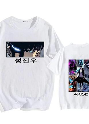 Футболка классическая с аниме принтом "sung jin-woo arise dual design" solo leveling, белый