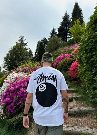 Футболка stussy eight ball белая унисекс с логотипом и принтом шара для бильярда в уличном стиле хлопковая