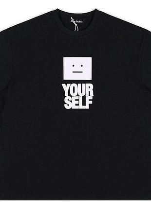 Футболка acne studios yourself черная унисекс оверсайз с принтом смайлика и надписью your self хлопковая m