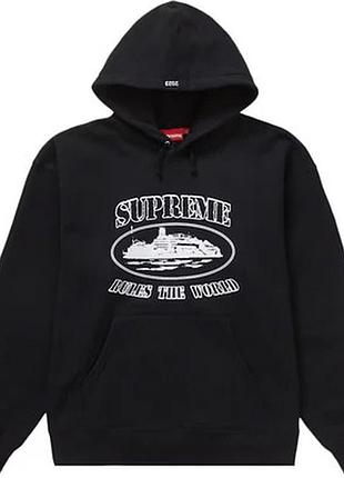 Худи supreme x corteiz rules the world черный унисекс с принтом корабля и надписью 100% хлопок