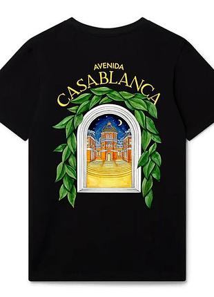 Черная футболка casablanca с ярким принтом окна и ночного пейзажа на спине унисекс хлопковая xxl