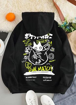 Толстовка женская с капюшоном, повседневный свободный свитшот с мультяшным принтом милого кота в стиле