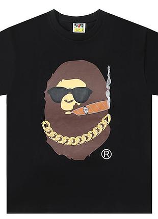 Черная и белая футболка bape cigar tee унисекс с принтом обезьяны в очках и сигарой 100% хлопок стильная