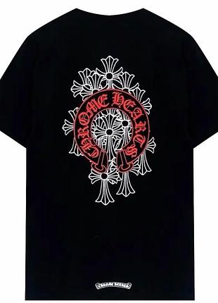 Черная футболка chrome hearts с красным логотипом и принтом на спине женская хлопковая свободная оверсайз