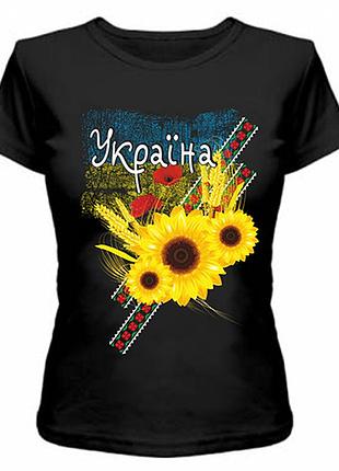Женская патриотическая футболка с маками и подсолнухами