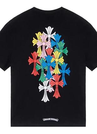 Черная футболка chrome hearts с цветными крестами и вышивкой на груди женская хлопковая свободная оригинальная
