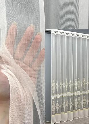 Тюль из ткани бамбук, с вышивкой и люрексом. цвет молочный с золотистым