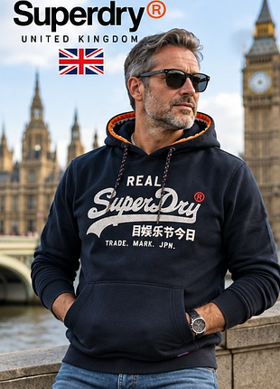 Чоловіче худі superdry vintage goods store — оригінал, темно-синє, тепле з капюшоном, l 50, японський стиль