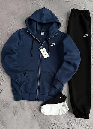 Кофта nike темно синяя на флисе + теплые брюки найк зимний костюм спортивный nike мужской s / m / l / xl / xxl