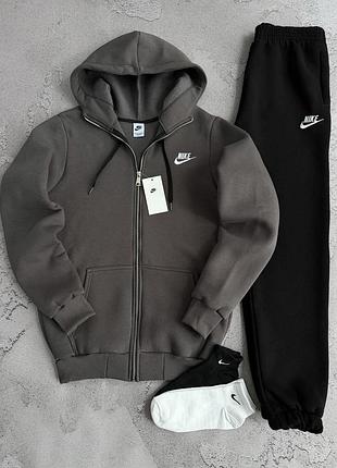 Чоловічий спортивний костюм nike зимовий на флісі сіра кофта найк + штани фліс s / m / l / xl / xxl