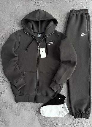 Серый спортивный костюм nike на флисе зимняя кофта найк + теплые брюки nike зимний костюм флис s / m / l / xl / xxl