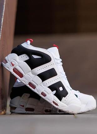 Мужские кроссовки nike air more uptempo low white black red белые чёрные красные кожаные