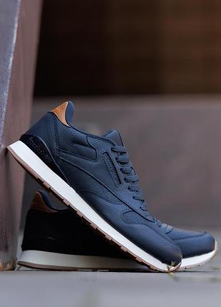 Мужские кроссовки reebok classic super leather dark blue brown синие коричневые кожа замша