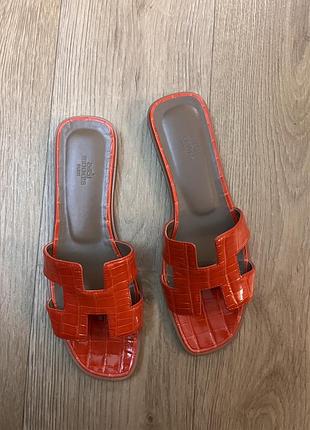 Шльопанці жіночі hermes alligator помаранчеві, розмір 40