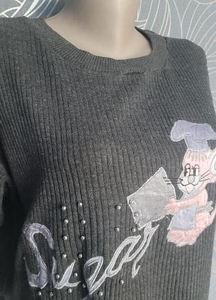 Коттон/вискоза  новый красивый мягкий свитшот в рубчик, с вышивкой, по бокам разрезы