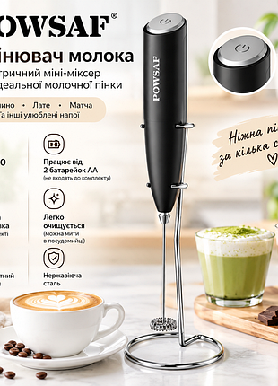 Спінювач молока powsaf mf-02, 13000 об/хв. з підставкою — електричний міні-міксер для капучино, лате, матчі та молочної пінки
