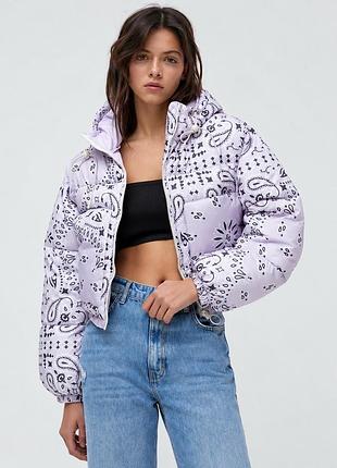Куртка женская осенне-зимняя короткая pull &amp; bear stwd сиреневая с капюшоном