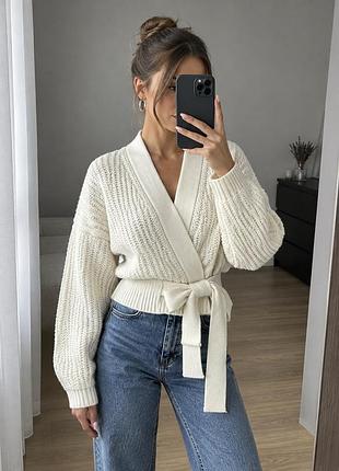 Missguided жіночий білий кардиган на запах, вʼязана тепла кофта із завʼязками, стильний оверсайз кардиган, розмір m/l/xl