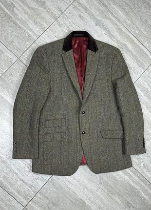 Harris tweed hawes & curtis blazer sports jacket 42 chest wool khaki check tweed піджак жакет блейзер твід