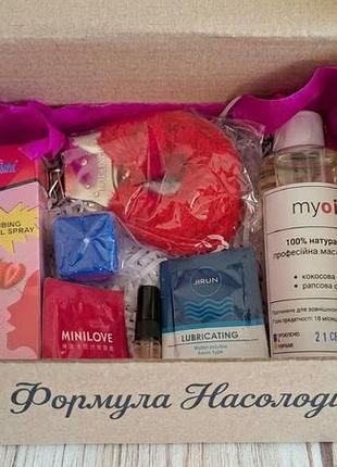 Интимный подарочный набор «формула наслаждения»: массажное масло, наручники, возбуждающий гель, лубрикант, оральный спрей, пробник парфюма