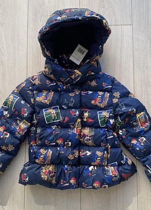 Детский темно-синий пуховик polo ralph lauren с капюшоном и фирменным принтом polo bear (мишки polo).