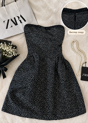 Чорна коротка сукня zara trf collection у білий горошок, розмір m