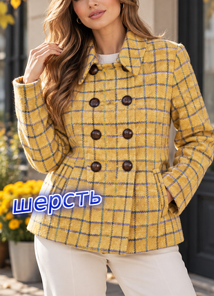 1+1=3 гарне вовняне гірчичне двобортне пальто в клітинку topshop, розмір 44 — 46