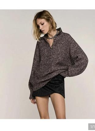 Жіночий светр zara в'язаний з коміром-поло, коричневий