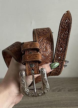 Вінтажний коричневий шкіряний ремінь з тисненням в стилі western