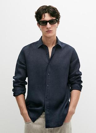 Massimo dutti  синя сорочка на довгий рукав. 100% льон.