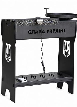 Мангальный набор 4 в 1 из черной стали с мотором - мангал с шампурями, сковородой 40 см и решеткой-столом