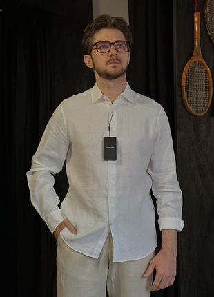 Massimo dutti  біла сорочка на довгий рукав, у складі льон з котоном. slim fit.