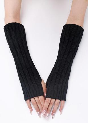 Митенки вязаные без пальцев черные 30см one size 6868 мытенки актриловые для женщин и девушек демисезонные на холодную пору нарукавники косичка вязанн