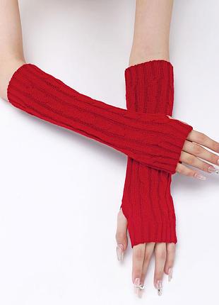Мітенки в'язані без пальців червоні 30см  one size 6896 зимові осінні демісезонні нарукавники в косички митенки теплі на холодну пору яскраві