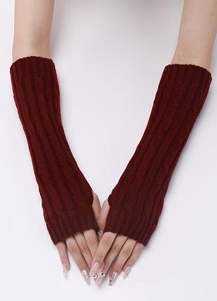 Митенки вязаные без пальцев бордовые one size 30 см длина 6888 нарукавники демисезонные осень-зимние на холодную пору теплые мытенки акрил в косички