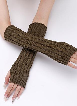Митенки вязаные без пальцев хаки one size 30 см длина 6894 мытенки на холодное время года осень-зимние в косички акрил нарукавники до локтя