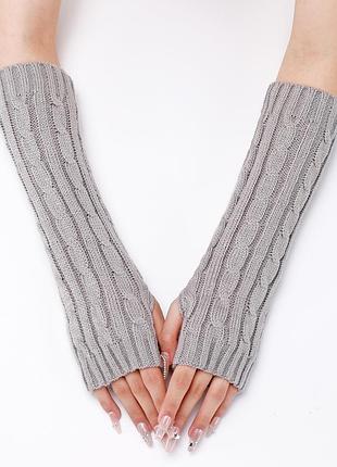 Митенки вязаные без пальцев светло-серые one size 30 см 6890 нарукавники до локтя теплые на холодное время осень-зимние мотыги в косички акрил