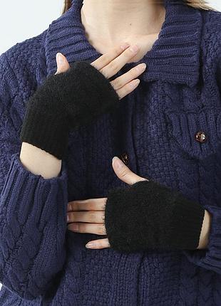 Мітенки з хутром без пальців чорні one size 20 см 6866 рукавички без пальців демісезонні на холодну пору осіньо-зимові пухнасті короткі митенки