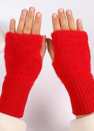 Мітенки з хутром без пальців червоні one size довжина 20 см 6840 пухнасті рукавички відкриті пальці осіньо-зимові демісезонні теплі митенки короткі