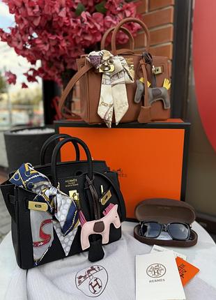 Сумка жіноча hermes birkin чорна, коричнева з натуральної шкіри, 25 см