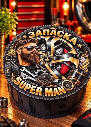 Коробка «запаска super man» кругла з малюнком та написом