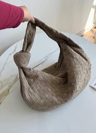 Сумка на плече джгут bottega veneta натуральна шкіра замша сірий беж