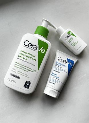 Гель для вмивання cerave очищувальна зволожувальна емульсія для нормальної та сухої шкіри 236 мл та крем зволожувальний