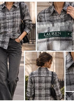 Стильная хлопковая рубашка от премиального американского бренда lauren ralph lauren в классическую серую клетку