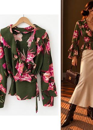 Блуза topshop на запах с баской и воланами, цветочный принт | xs