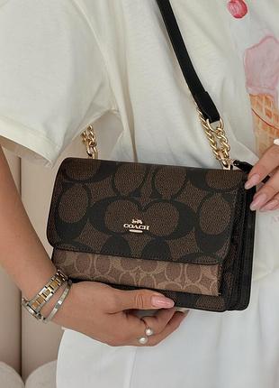 Сумка коуч коричнево-бежевая кросс боди через плечо coach klare in signature canvas